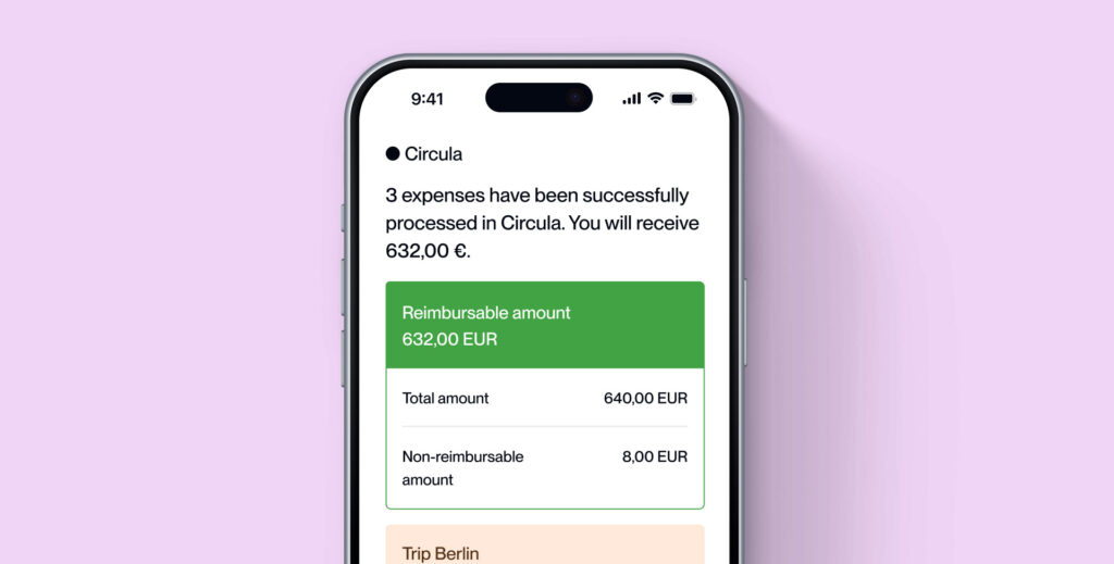 Smartphone mit der App von Circula geöffnet. Man sieht den Betrag, der für Reisekosten zurückerstattet wurde. Mit Circula kann man Abrechnung von Reisekosten, Auslagen und Benefits digital und automatisiert einreichen.