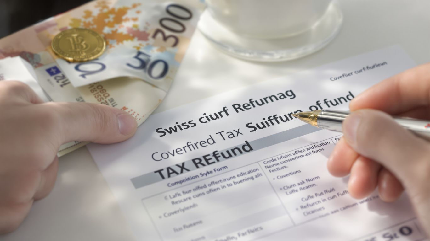 Hand mit Stift, Schweizer Geld und Steuerformular auf Tisch