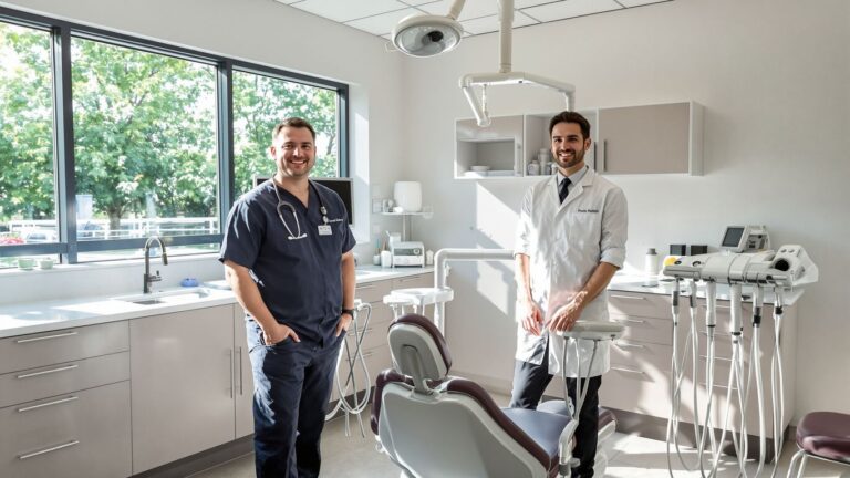 Zahnarzt in Praxis mit Stuhl und Fenster