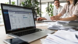 Modernes Büro mit Laptop, Smartphone und Buchhaltungsbelegen