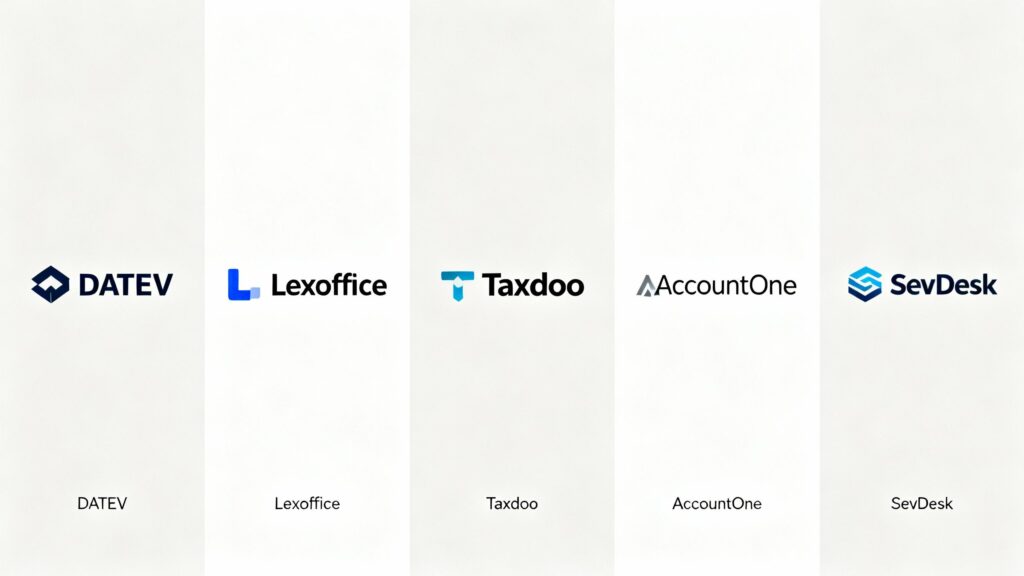 Logos von DATEV, Lexoffice, Taxdoo, AccountOne, und SevDesk.