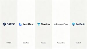 Logos von DATEV, Lexoffice, Taxdoo, AccountOne, und SevDesk.