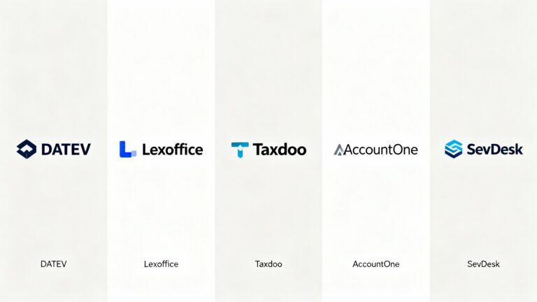 Logos von DATEV, Lexoffice, Taxdoo, AccountOne, und SevDesk.