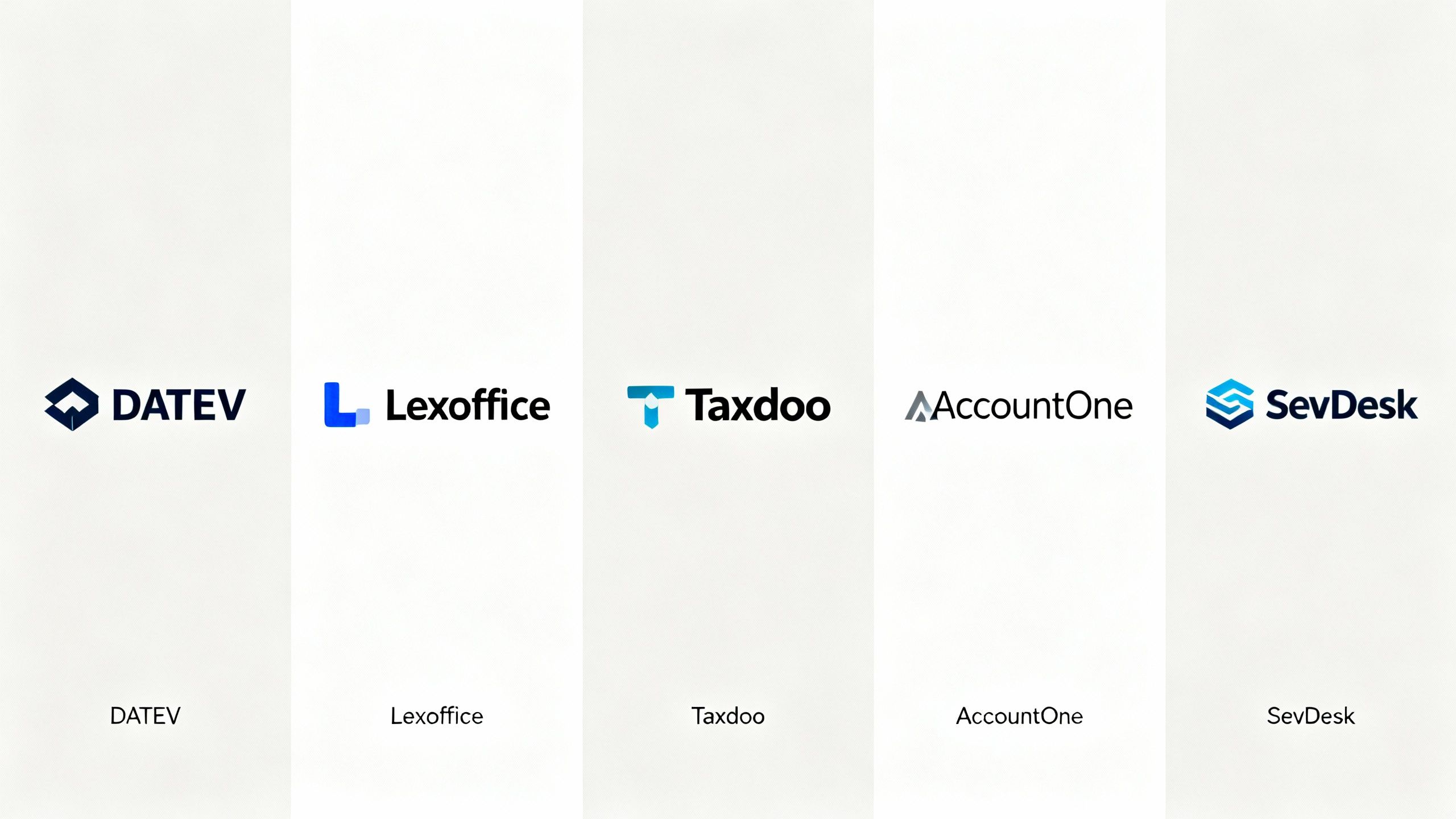 Logos von DATEV, Lexoffice, Taxdoo, AccountOne, und SevDesk.