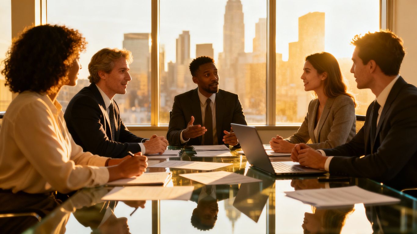 Geschäftsleute im modernen Büro bei Besprechung