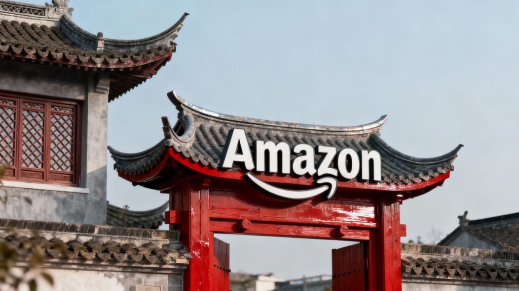 Amazon Logo in China mit chinesischen Architekturelementen