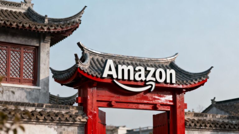 Amazon Logo in China mit chinesischen Architekturelementen