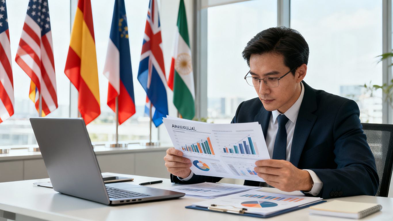 Geschäftsperson prüft Jahresabschluss im internationalen Kontext