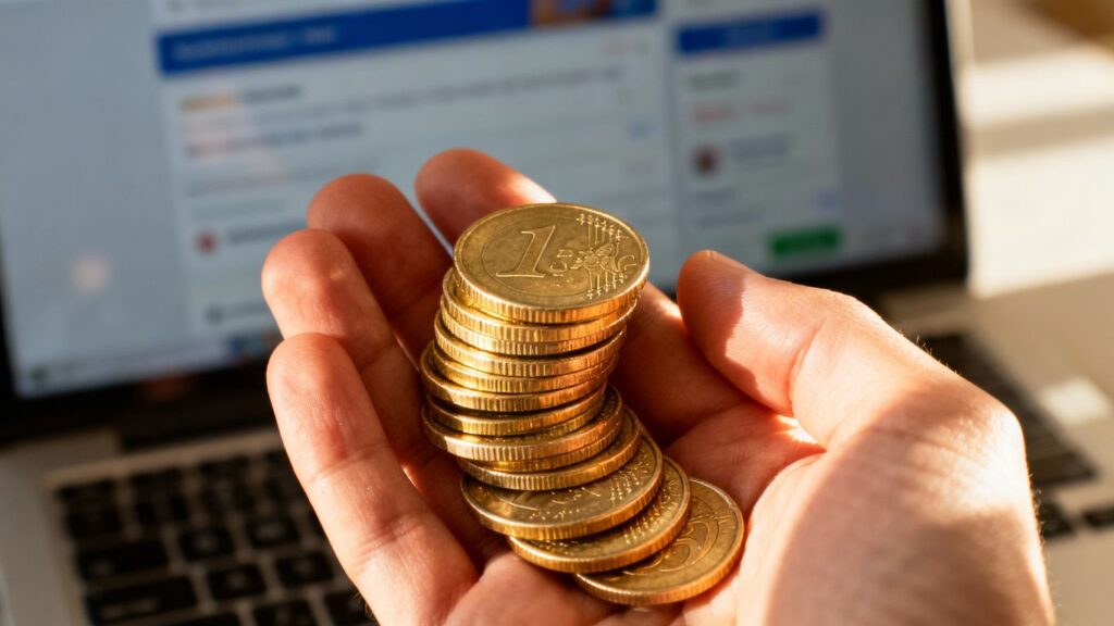 Euro-Münzen und Laptop für Online-Zahlungen