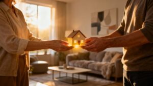 Eltern übergeben Hausmodell an Kind im Wohnzimmer. Hierfür sollten Sie sich von einem Steuerberater in Nähe beraten lassen zum Thema Hausverkauf Steuern, Veräßerungsgewinn Immobilie, Denkmalschutz Abschreibung und Eigentumswohnung vermieten.