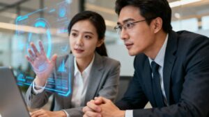 Zwei Fachleute diskutieren in einem modernen Büro.