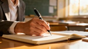 Steuerberater in Köln notiert im Mandantengespräch Informationen zu Rentendoppelbesteuerung, Besteuerung Lebensversicherung und vorweggenommene Betriebsausgaben in ein Notizbuch.