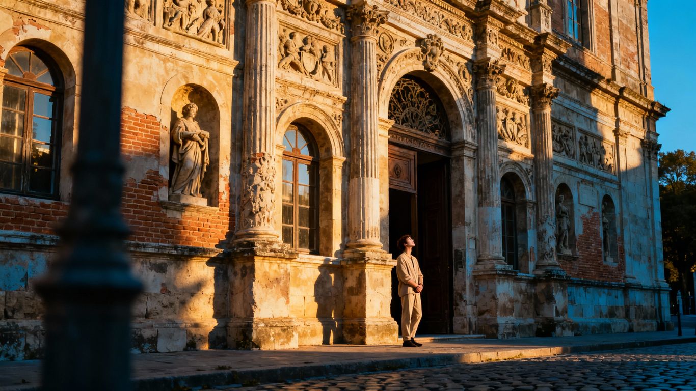 Denkmalgeschütztes Haus mit Person davor.
