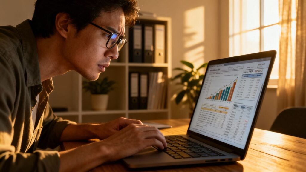 Junger Onlinehändler mit Brille prüft seine Umsätze an seinem Laptop. Steuerberater in der Nähe empfehlen die Lexoffice Steuerberatersuche, um die Buchhaltung sauber zu halten.