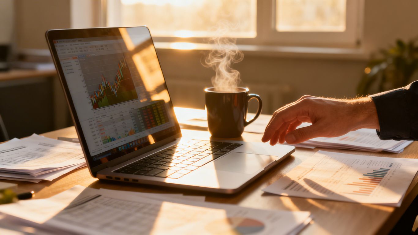 Unternehmer am Schreibtisch mit Laptop und Finanzdaten.