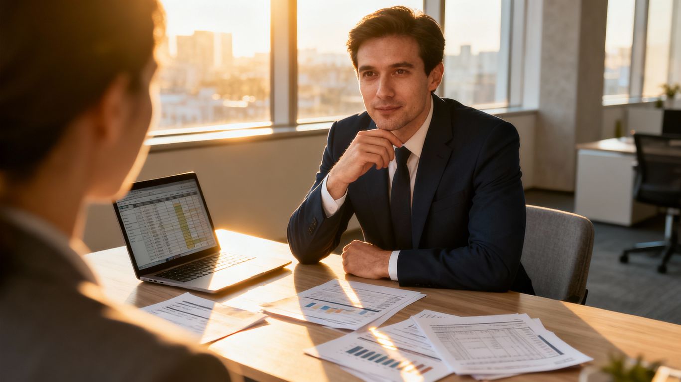 Steuerberater und Mandant sitzen am Schreibtisch im Büro der Steuerkanzlei in Köln. Es liegen die Unterlagen zur Umsatzsteuervoranmeldung 2025 am Laptop und auf Papier bereit. Ein Steuerberater in der Nähe kennt sich mit den Grenzen aus.