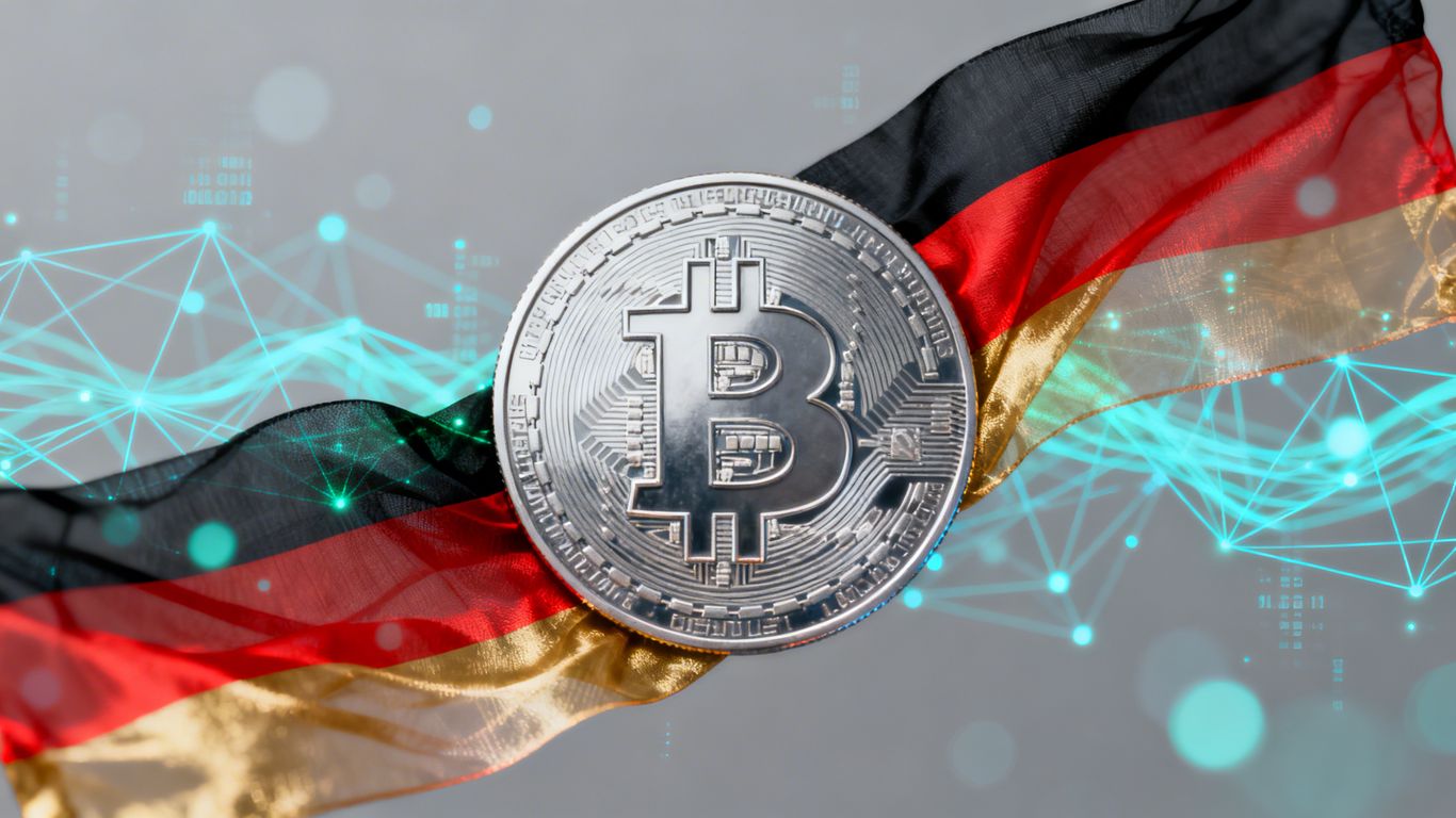 Kryptowährung und Deutschlandflagge mit Finanzdaten im Hintergrund.
