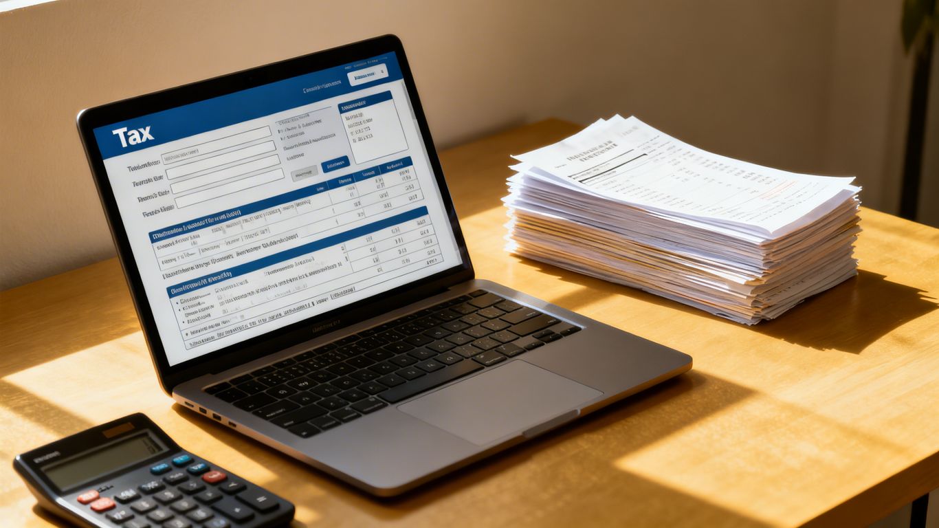 Schreibtisch mit Laptop, Rechner und Belegen für Steuererklärung.