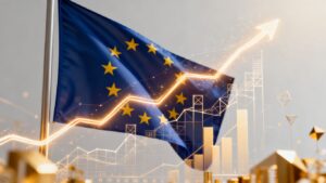 Europäische Flagge weht, davor eine Grafik eines goldenen Pfeils mit Trend nach oben. Das steht für die EU Unternehmensform für Gründer und Startups. Ein Steuerberater in der Nähe kann bei der Unternehmensgründung beratend zur Seite stehen.
