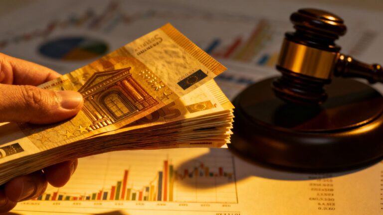 Eine Hand hält ein Bündel Euroscheine über einem Tisch mit BWAs und einem Richterhammer. Die Unterstützung von einem Steuerberater in der Nähe, der sich mit den gesetzlichen Regelungen im E-Commerce und Aktivrente auskennt, ist bares Geld wert.