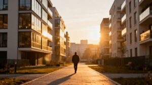 Europäische Stadtlandschaft mit modernen Wohngebäuden bei Sonnenaufgang. Ein Steuerfachangestellter macht sich auf dem Weg zu seiner Steuerkanzlei in Köln. Er denkt über Den Quartalstermin der Umsatzsteuervoranmeldung, ausländische Quellensteuer zurückholen, steuerfreien Hinzuverdienst für Rentner ab 2026 und Grundsteuererhöhung Köln nach.