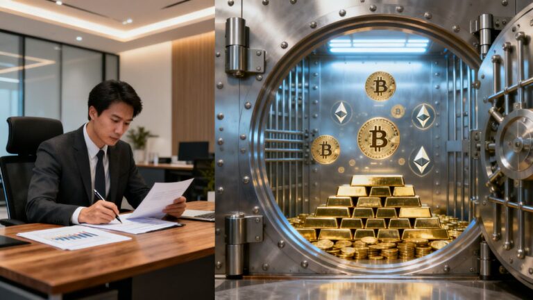 Steuerberater in modernem Büro prüft für seine Mandanten die Sonderbetriebsausgaben der Gesellschafter. Daneben ein Tresor mit Goldbarren und Münzen. Wertpapiere in Holding und Privatdepot: Aktien, ETFs, Krypto, Optionen zählen auch dazu.