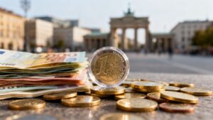 Euromünzen und Banknoten vor europäischer Kulisse