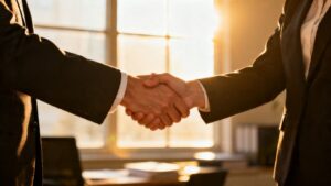 Zwei Hände schütteln sich im Büro.