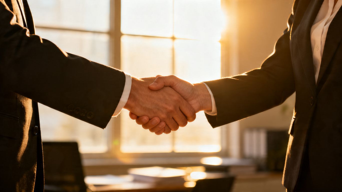 Zwei Hände schütteln sich im Büro.