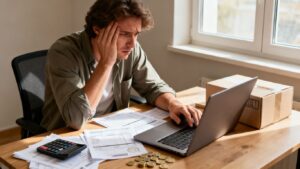 Online-Händler prüft Buchhaltung mit Laptop und Rechnungen