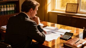 Steuerberater im Büro mit Unterlagen und Taschenrechner.