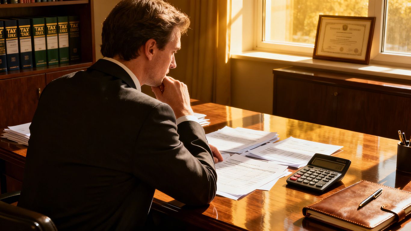 Steuerberater im Büro mit Unterlagen und Taschenrechner.