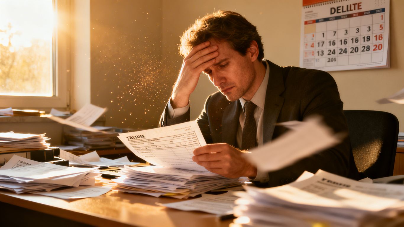 Verärgerter Steuerzahler mit Steuerunterlagen und Kalender.