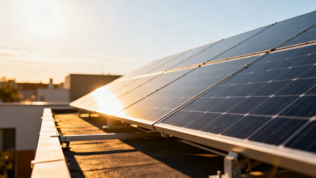 Photovoltaikanlage auf dem Dach bei bei Abendsonne. Ein Steuerberater in der Nähe kann weiterhelfen bei der Photovoltaik Steuer 2026.