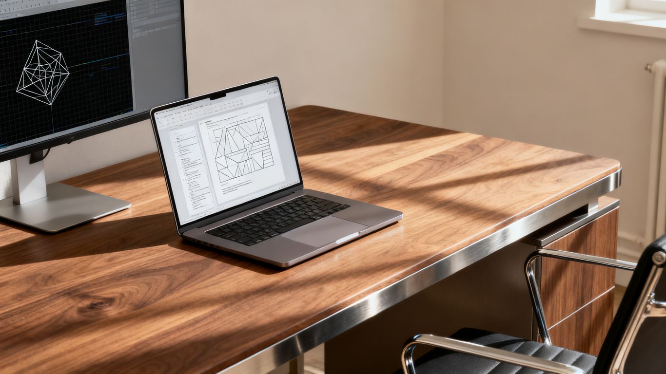 Moderner Schreibtisch mit Laptop und Datenraster auf zweitem Monitor.