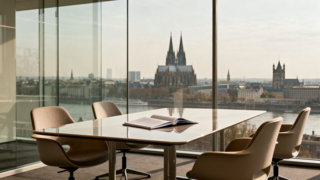 Holding GmbH gründen 2026 Büro mit Kölner Skyline und Aktenordner.