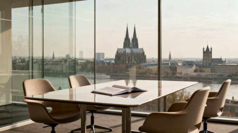 Holding GmbH gründen 2026 Büro mit Kölner Skyline und Aktenordner.