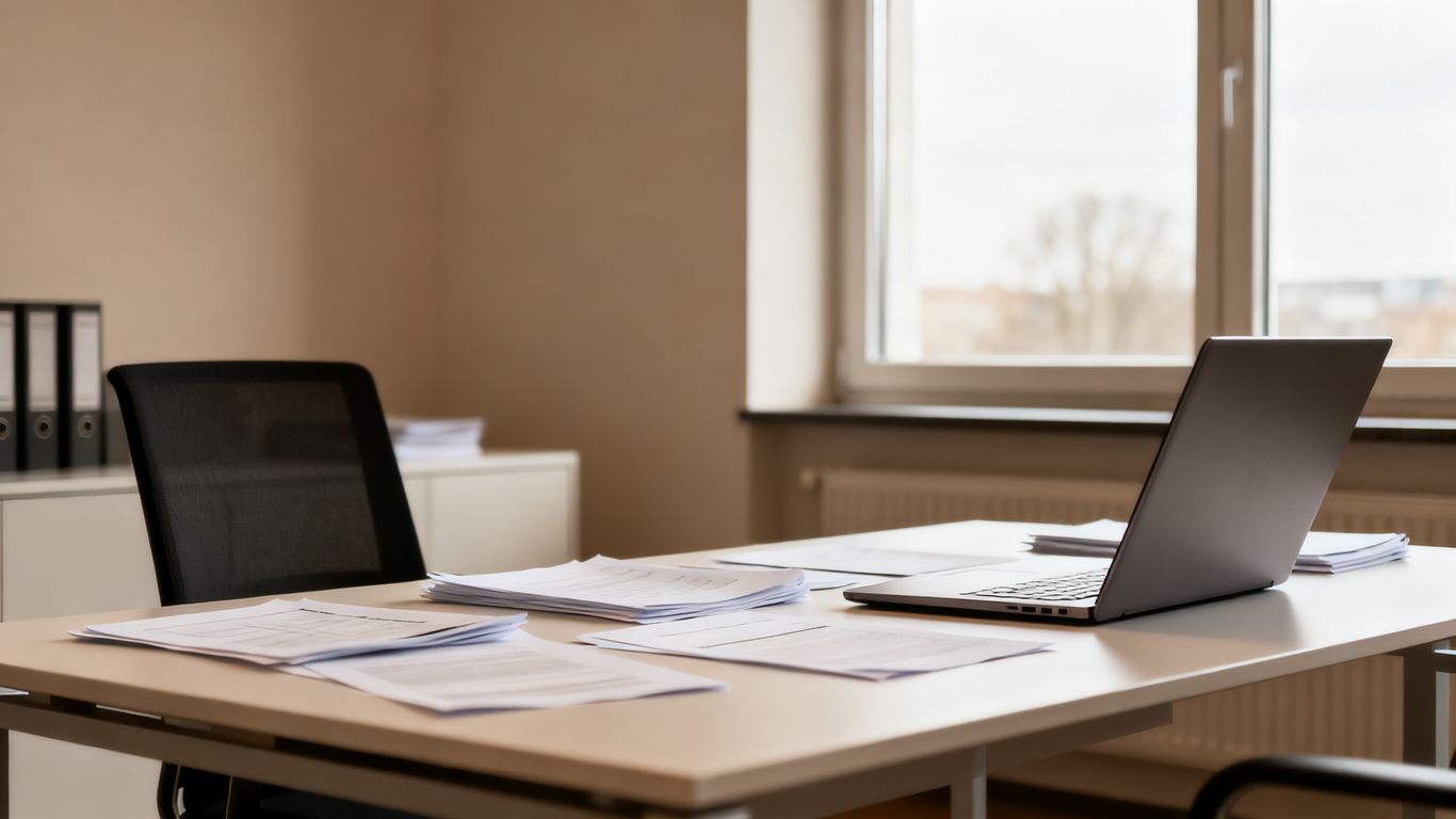 Moderne deutsche Bürolandschaft mit Dokumenten und Laptop.