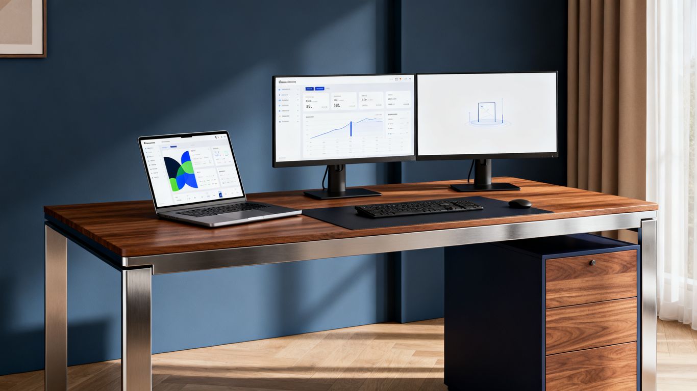 Moderner Schreibtisch mit Laptop und Datenvisualisierung