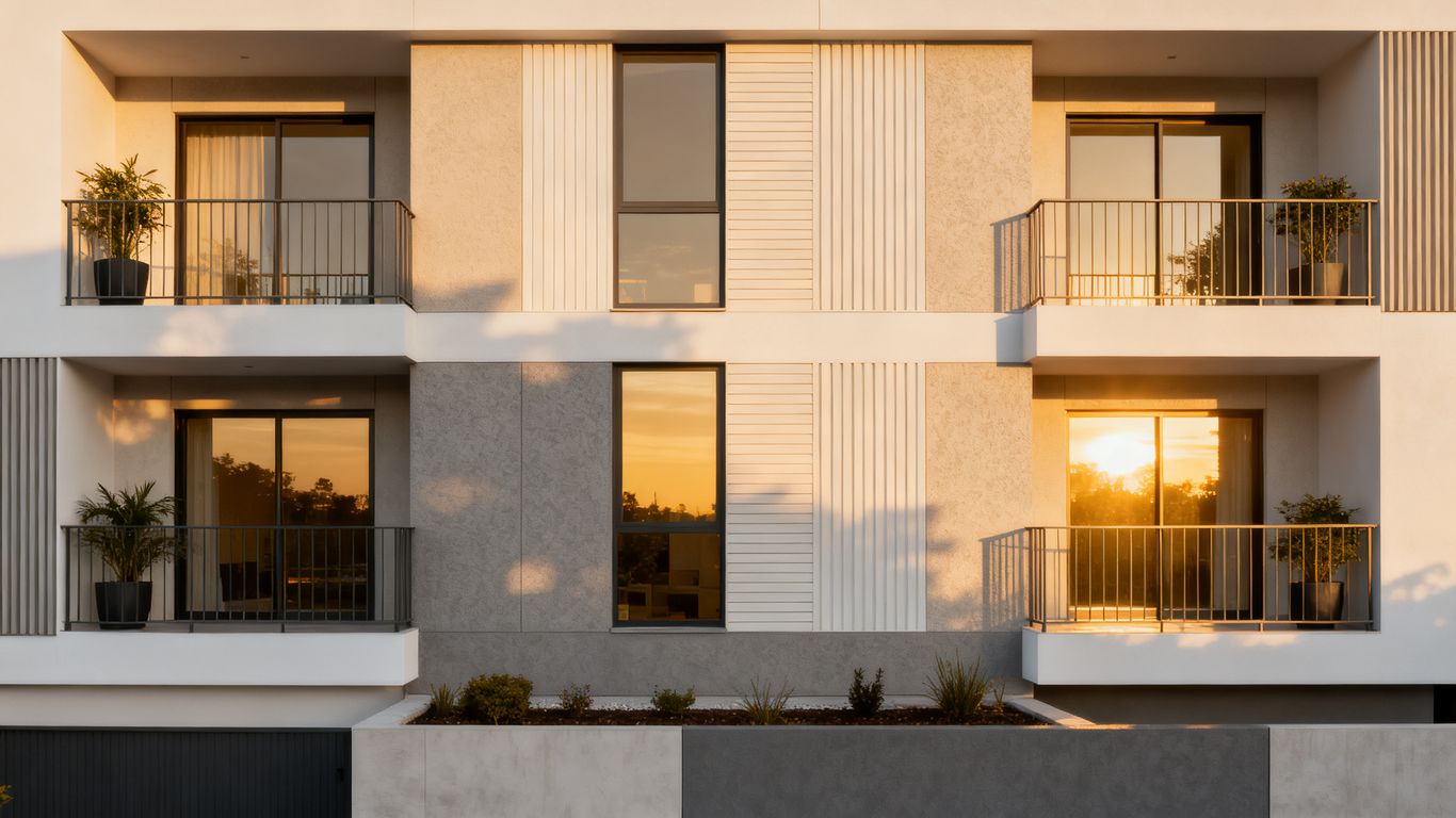 Neues Mietwohnhaus mit moderner Architektur im sanften Tageslicht.