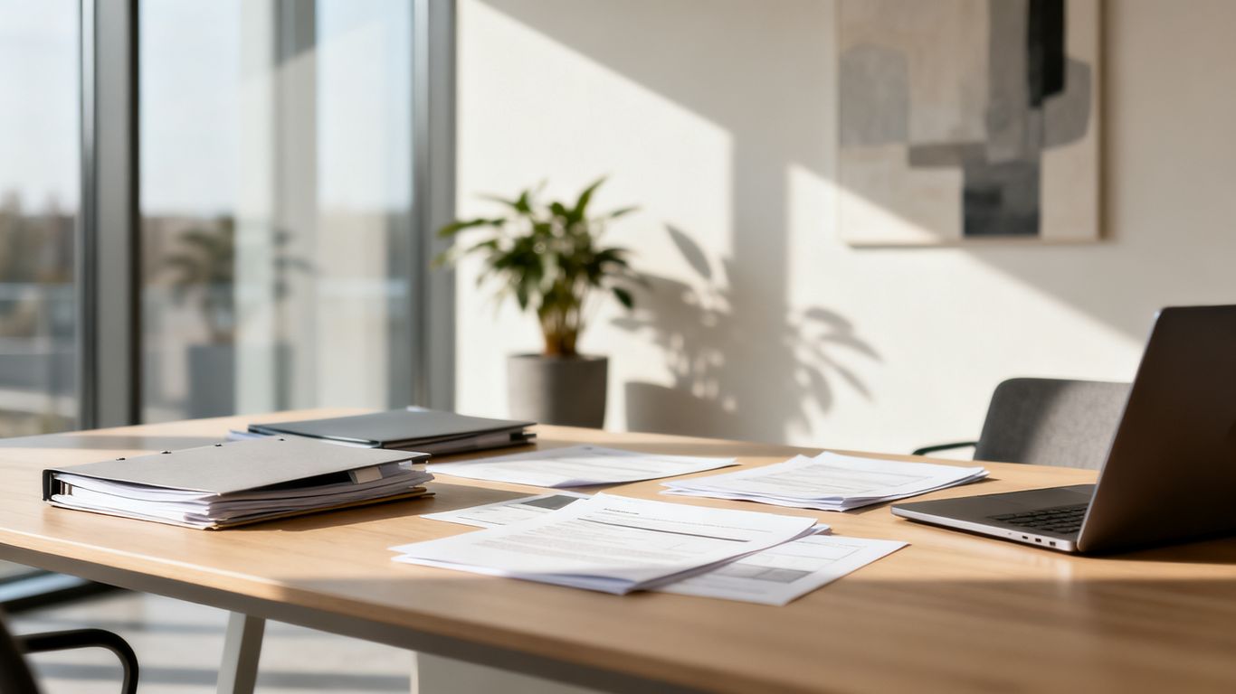 Das Büro eines modernen Steuerberaters. Auf dem Tisch liegen einige Dokumente. Auch wenn ein Steuerberater digital arbeitet, gibt es dennoch ein paar Unterlagen, die im Original bearbeitet werden müssen. Hierzu zählen notarielle Urkunden, Erbscheine und Testamente, Bestellungsurkunden, Spezialvollmachten, Handelsregisteranmeldungen, Vollständigkeitserklärungen, Saldenbestätigungen, kommunale Gebührenbescheide und Korrespondenz mit ausländischen Finanzämtern.