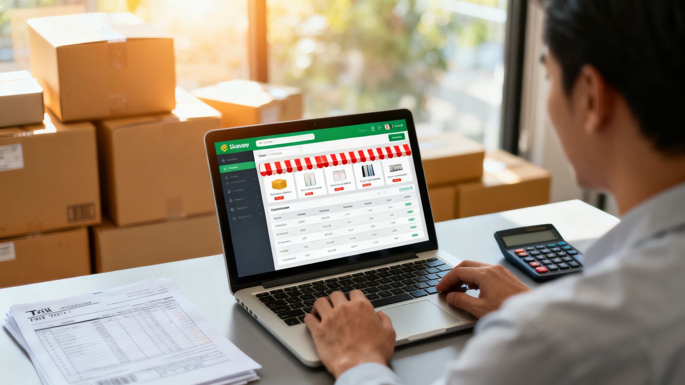 Onlinehändler am Schreibtisch mit Laptop und Paketen.