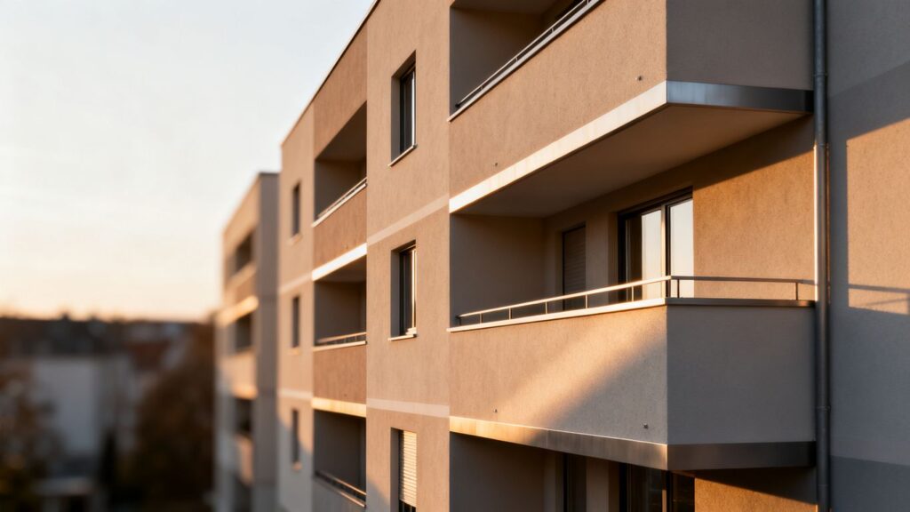Moderne deutsche Architektur mit warmen Neutraltönen und Tageslicht.