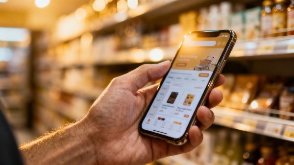 Doppelbesteuerung Rente Rückzahlung Smartphone mit E-Commerce-App und verschwommenen Regalen im Hintergrund steht für die Herausforderungen im E-Commerce im Gegensatz zum stationären Handel. Ein Steuerberater mit Spezialisierung auf Onlinehandel kann weiterhelfen bei der Wahl der richtigen Software, Grenze Umsatzsteuervoranmeldung 2025, selbstgenutze Immobilie steuerlich absetzen und Sonderbetriebsausgaben.