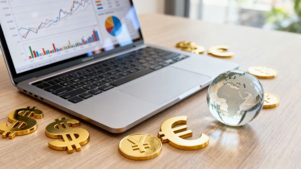 Differenzbesteuerung Kfz Ein Laptop mit Grafiken auf einem Tisch, daneben liegen Dollar-, Euro- und Yenzeichen aus Gold und ein kleiner gläserner Globus. Dies steht für Onlinehandel, Steuern, Umsatzsteuer, OSS, Lieferschwellen im Onlinehandel.
